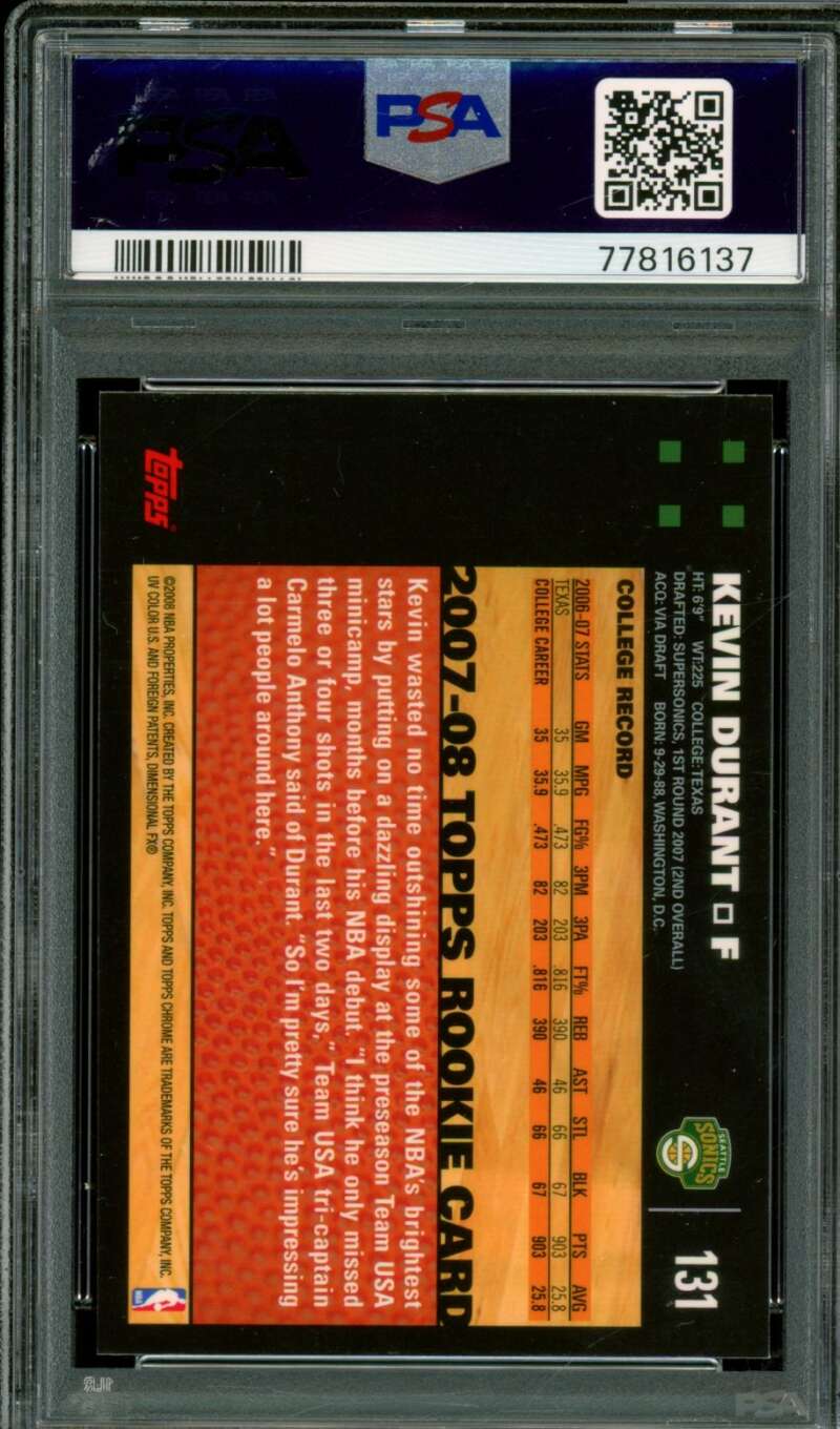 Kevin Durant Rookie Card 2007-08 Topps Chrome #131 PSA 9 Image 2
