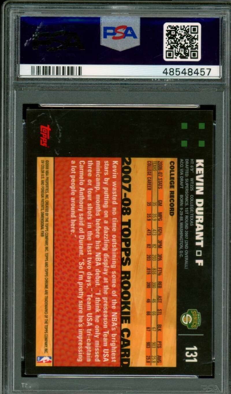 Kevin Durant Rookie Card 2007-08 Topps Chrome #131 PSA 9 Image 2