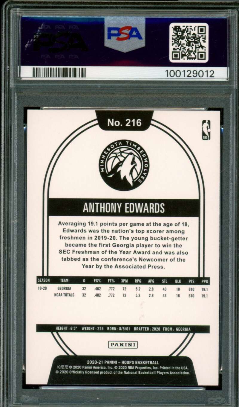 Anthony Edwards Rookie Card 2020-21 Panini Hoops Yellow #216 PSA 9 Image 2