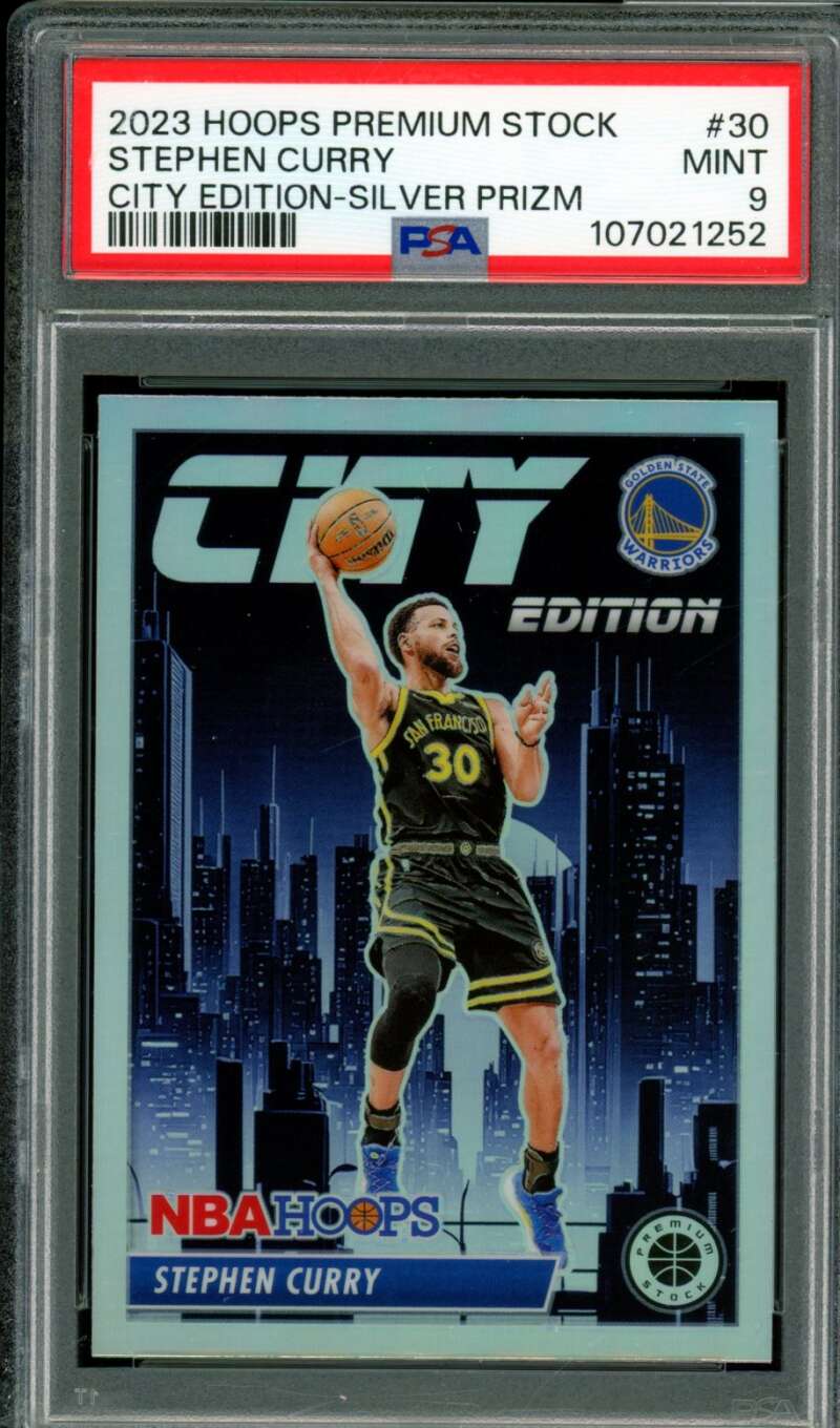 Stephen Curry 2023-24 Hoops Premium Stock City Edition Silver Prizm #30 PSA 9 Image 1