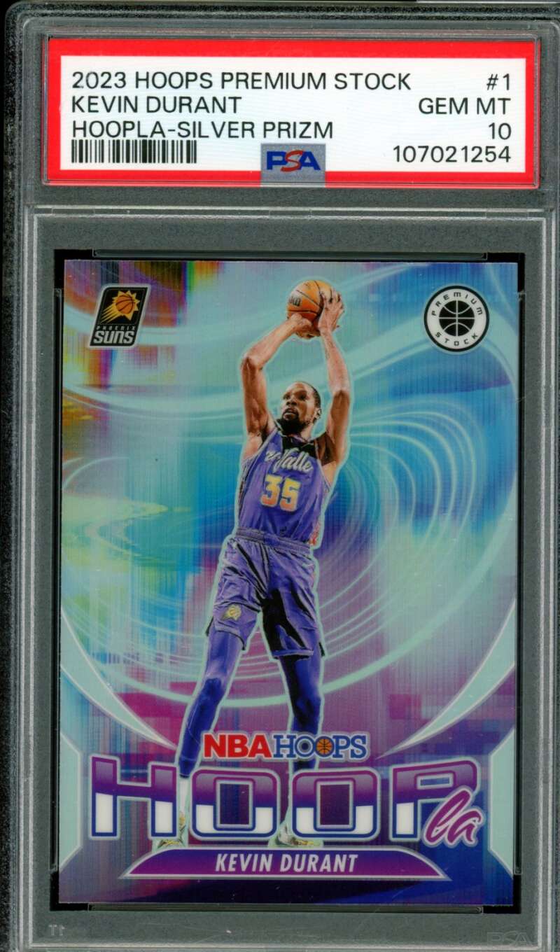 Kevin Durant 2023-24 Hoops Premium Stock Hoopla Silver Prizm (pop 5) #1 PSA 10 Image 1