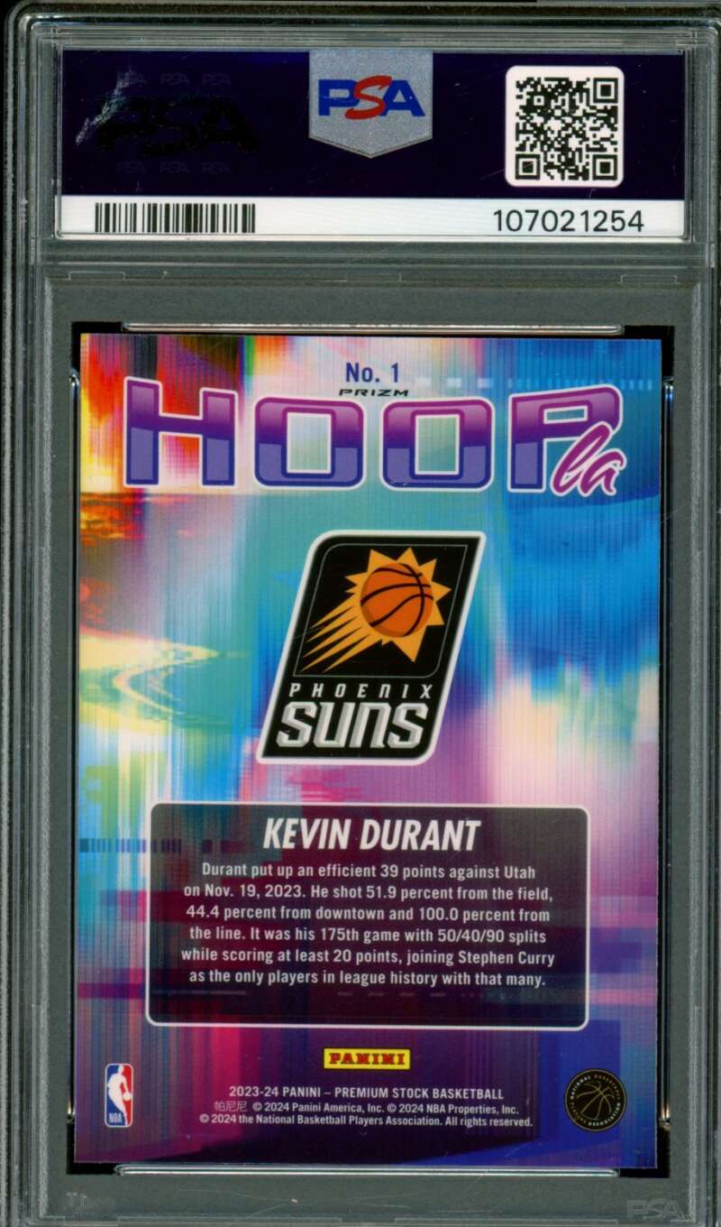 Kevin Durant 2023-24 Hoops Premium Stock Hoopla Silver Prizm (pop 5) #1 PSA 10 Image 2