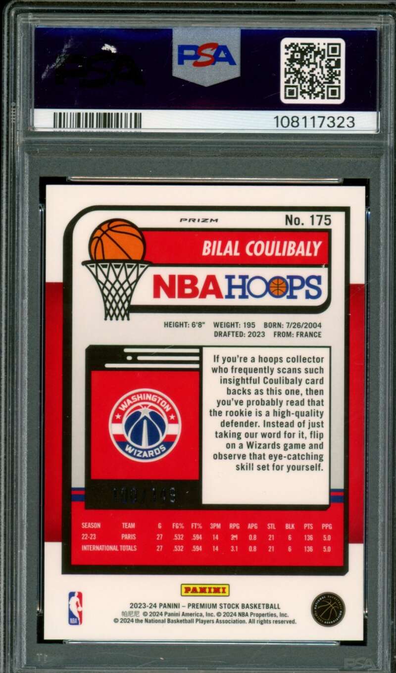 Bilal Coulibaly Rookie 2023-24 Hoops Premium Stock Purple Ice Prizm #175 PSA 10 Image 2