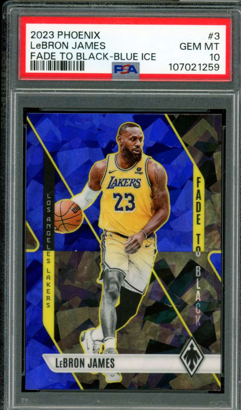 LeBron James Card 2023-24 Phoenix Fade To Black Blue Ice (pop 9) #3 PSA 10 Image 1