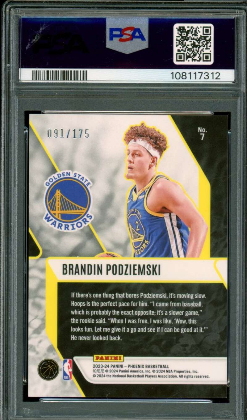 Brandin Podziemski Rookie 2023-24 Phoenix Fade To Black-Yellow Ice #7 PSA 10 Image 2