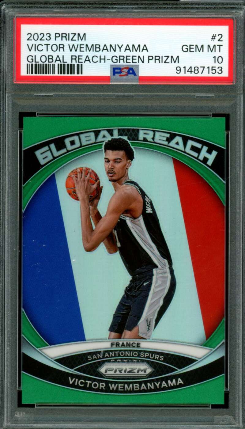 Victor Wembanyama Rookie Card 2023-24 Prizm Global Reach Green Prizm #2 PSA 10 Image 1