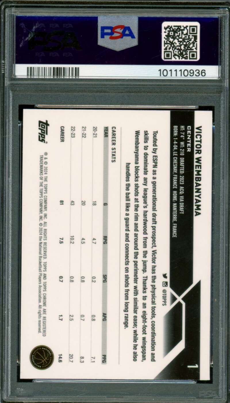 Victor Wembanyama Rookie Card 2023-24 Topps Chrome Orange BK Refractor #1 PSA 9 Image 2