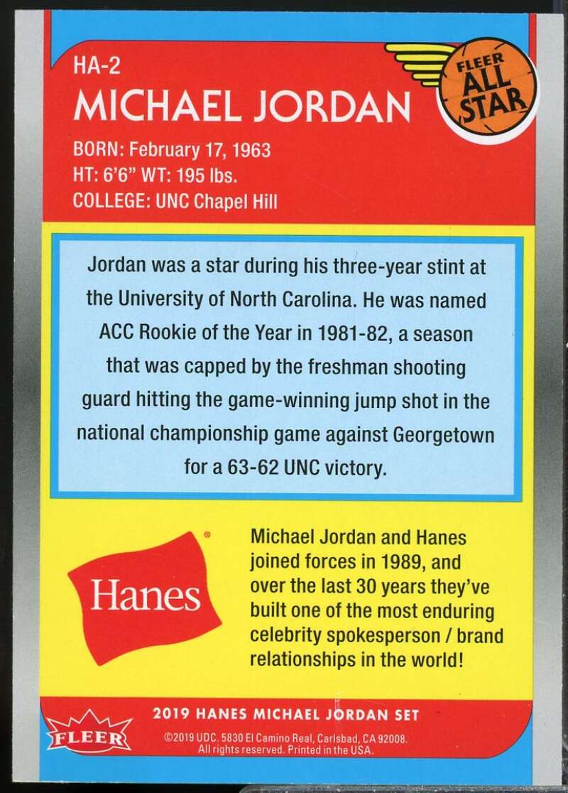 Michael Jordan Card 2019 Fleer Hanes  All Star #HA2  Image 2