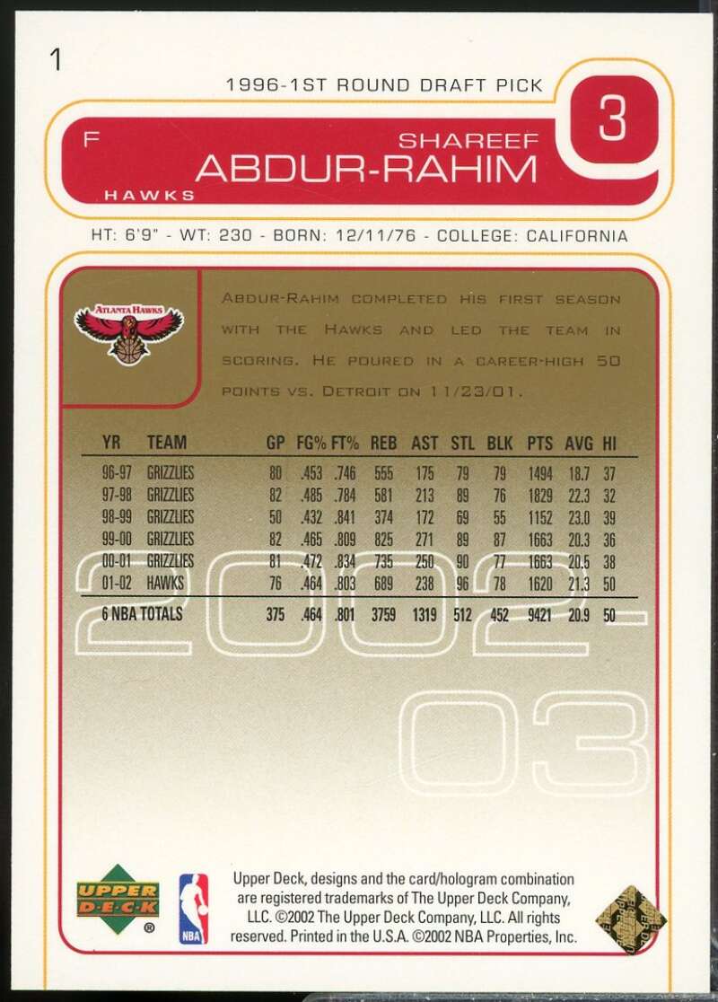 Shareef Abdur-Rahim Card 2002-03 Upper Deck UD Exclusives #1  Image 2