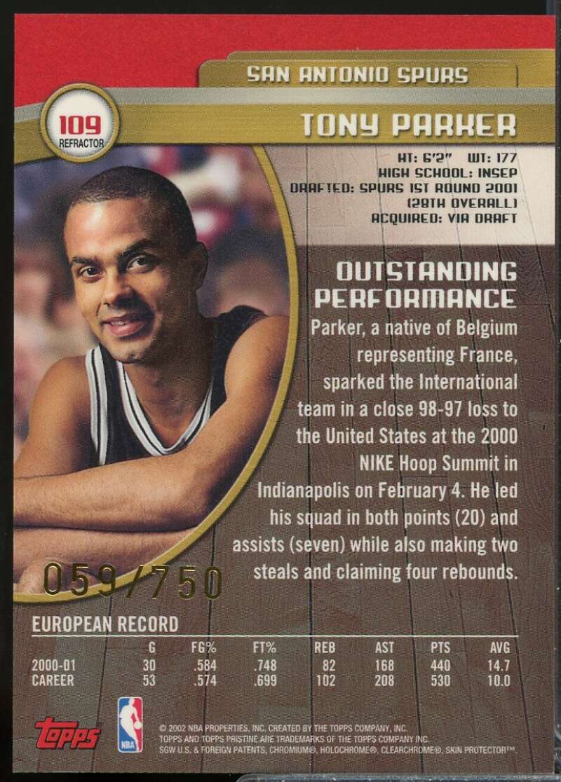 Tony Parker Rookie Card 2001-02 Topps Pristine Refractors /750 #109  Image 2