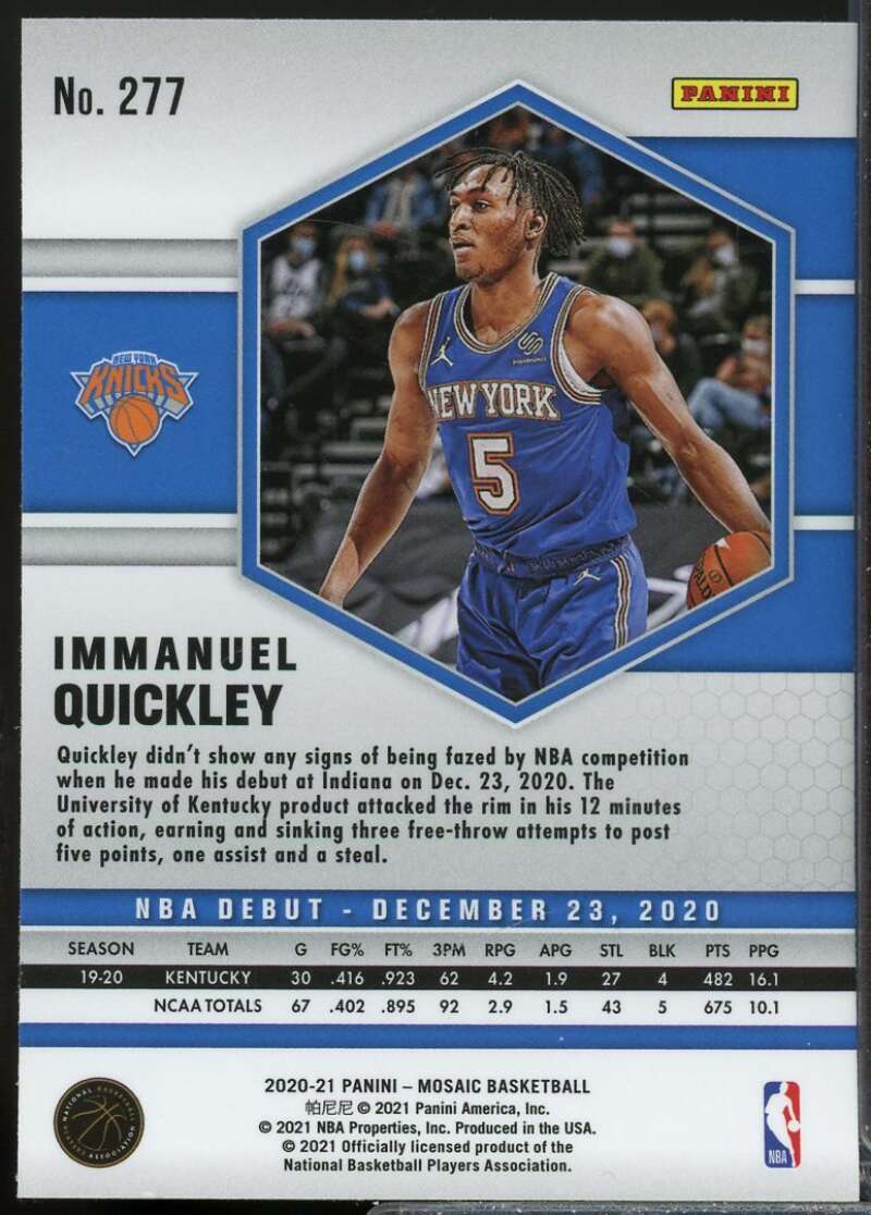 Immanuel Quickley Rookie Card 2020-21 Panini Mosaic Debut Silver #277  Image 2