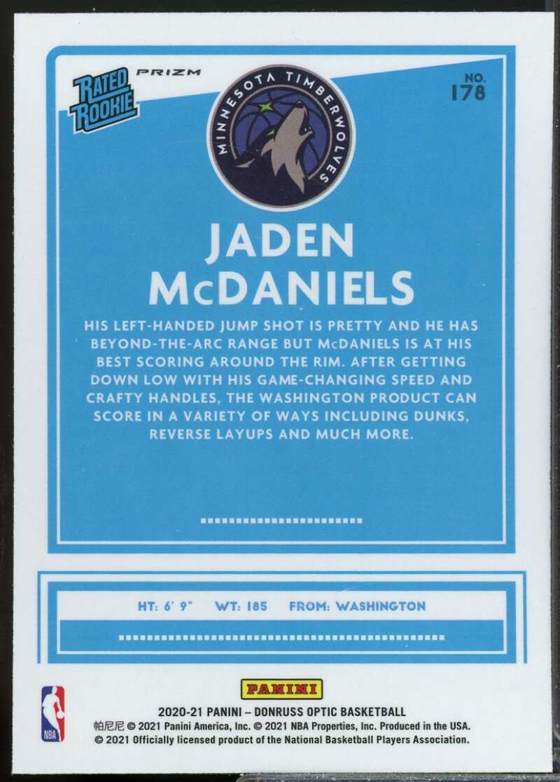 Jaden McDaniels Rated Rookie Card 2020-21 Donruss Optic Purple Shock #178  Image 2