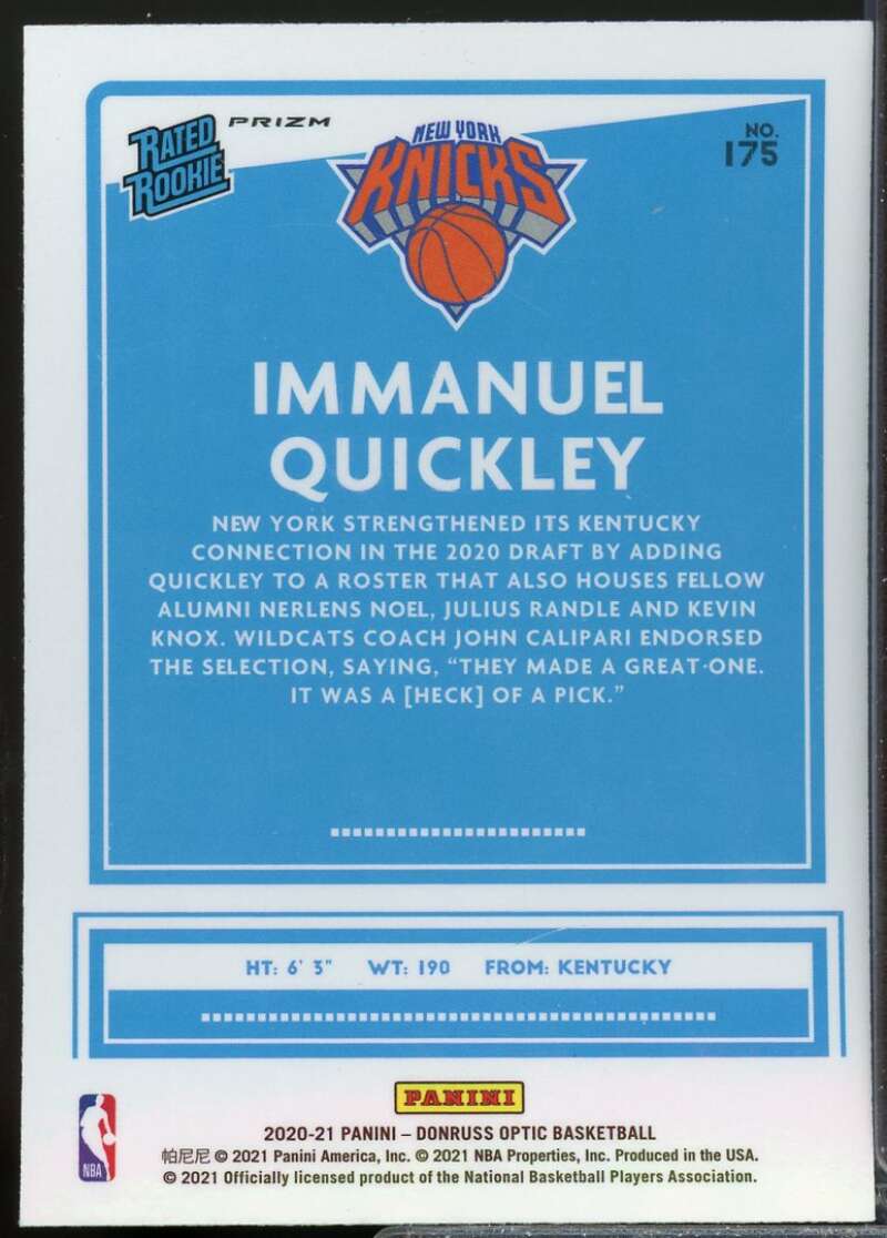 Immanuel Quickley Rated Rookie Card 2020-21 Donruss Optic Purple Shock #175  Image 2