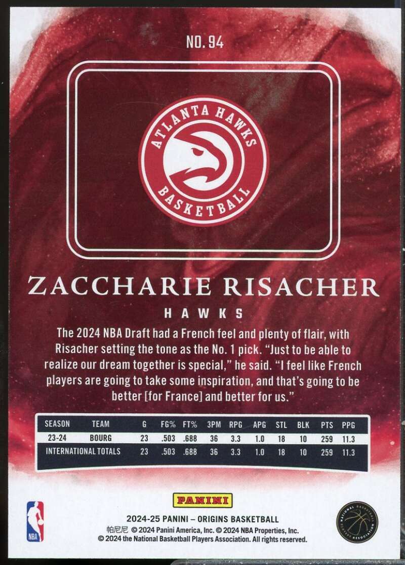 Zaccharie Risacher Rookie Card 2024-25 Panini Origins #94  Image 2