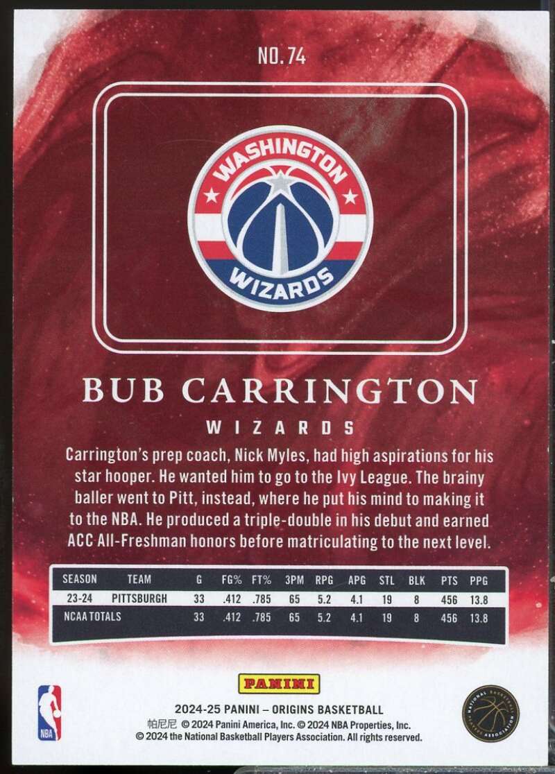 Bub Carrington Rookie Card 2024-25 Panini Origins #74  Image 2