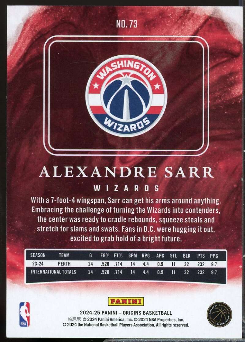 Alexandre Sarr Rookie Card 2024-25 Panini Origins #73  Image 2