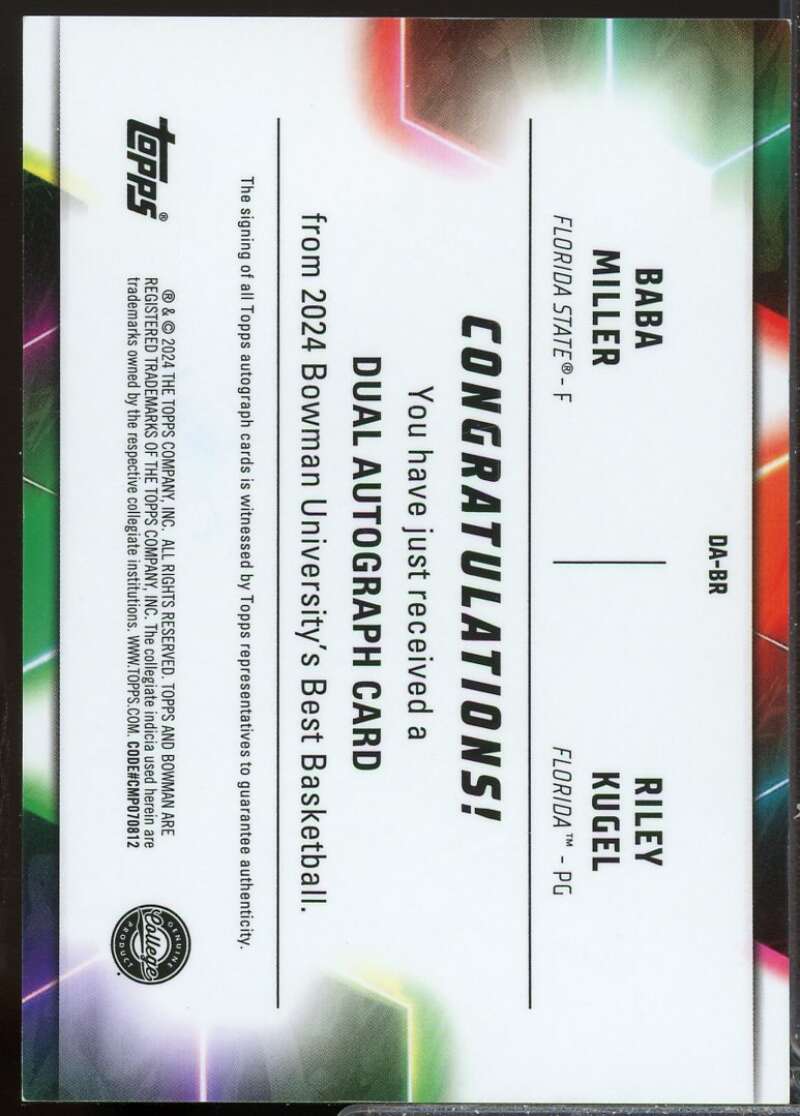 Kugel Baba Miller 2023-24 Bowman's Best Dual Autograph Orange Refractor #DABR  Image 2