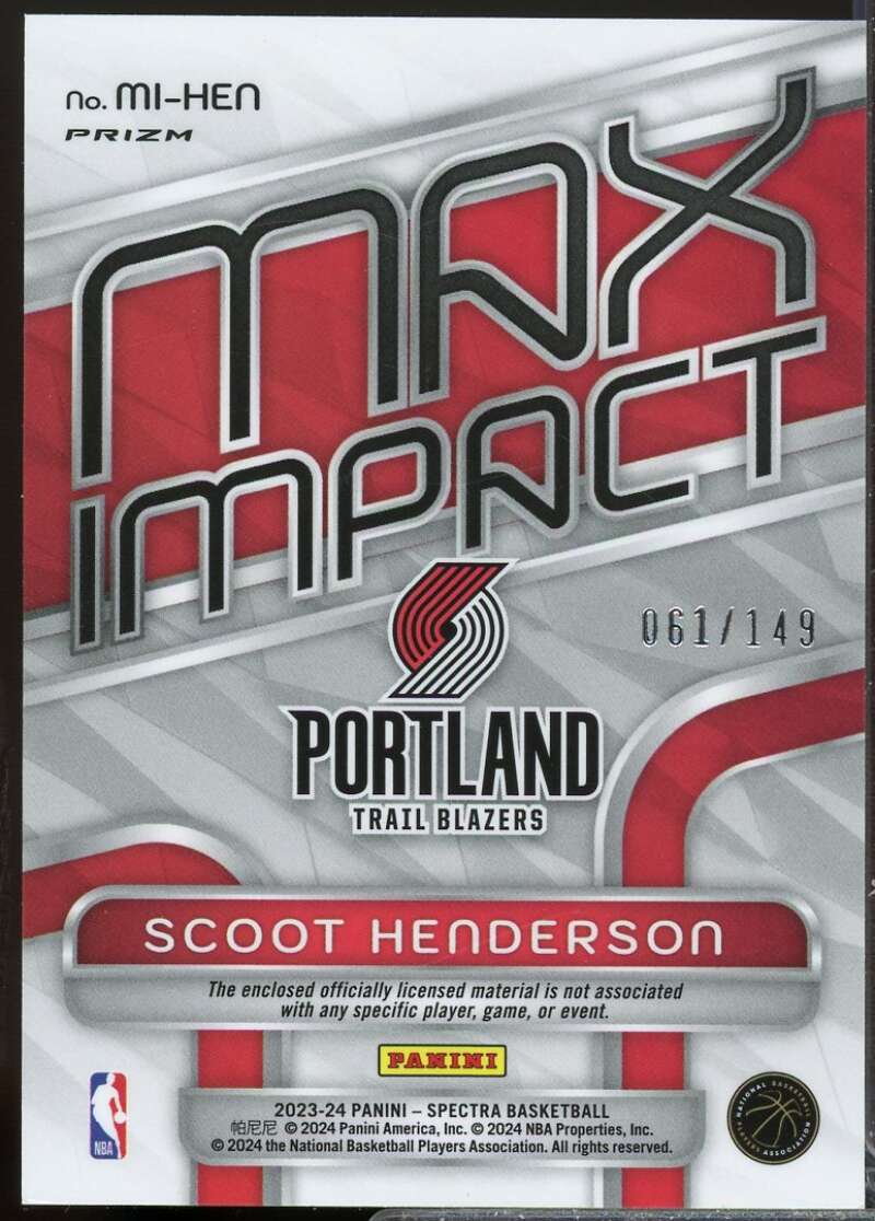 Scoot Henderson Rookie Card 2023-24 Panini Spectra Max Impact Jerseys #22  Image 2