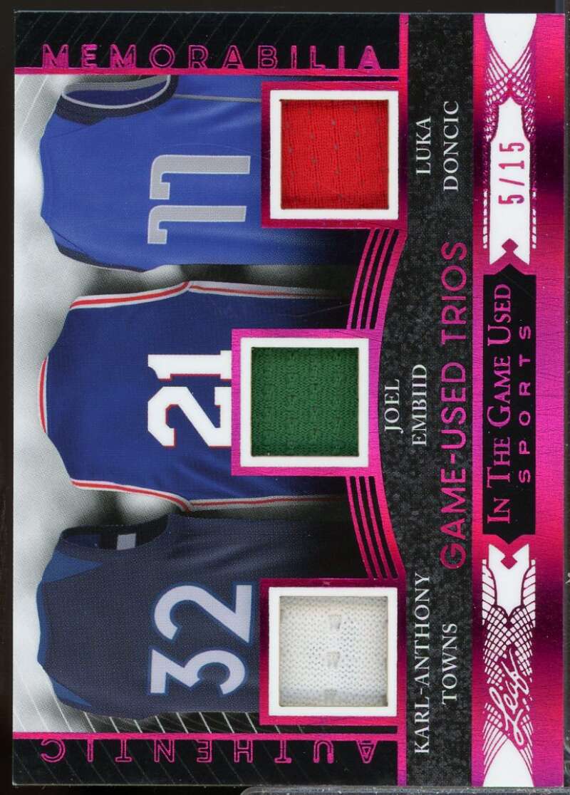 Towns Joel Embiid Luka Doncic 2024 Leaf In The Game Used Trios Jersey Pink #16  Image 1