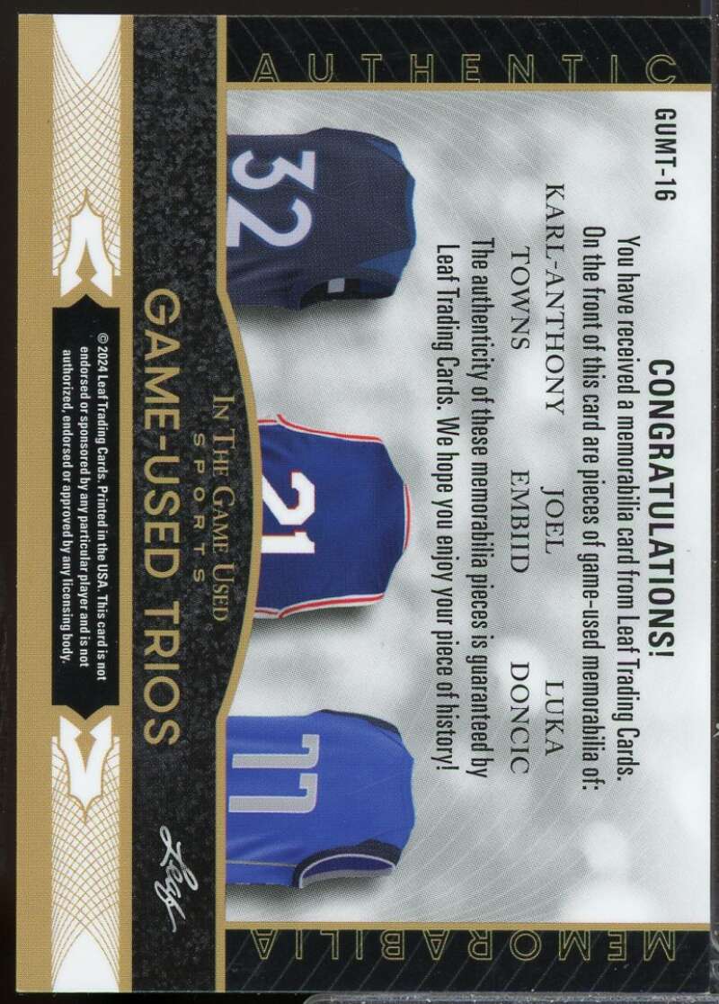 Towns Joel Embiid Luka Doncic 2024 Leaf In The Game Used Trios Jersey Pink #16  Image 2