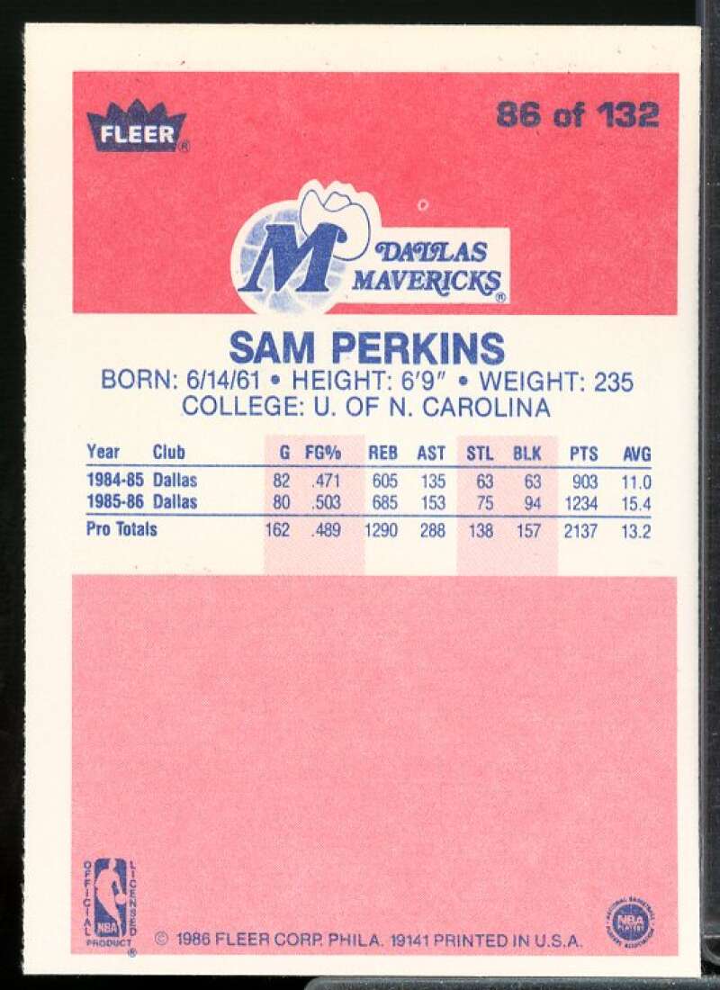 Sam Perkins Rookie Card 1986-87 Fleer #86  Image 2
