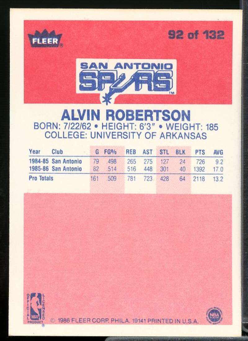 Alvin Robertson Rookie Card 1986-87 Fleer #92  Image 2