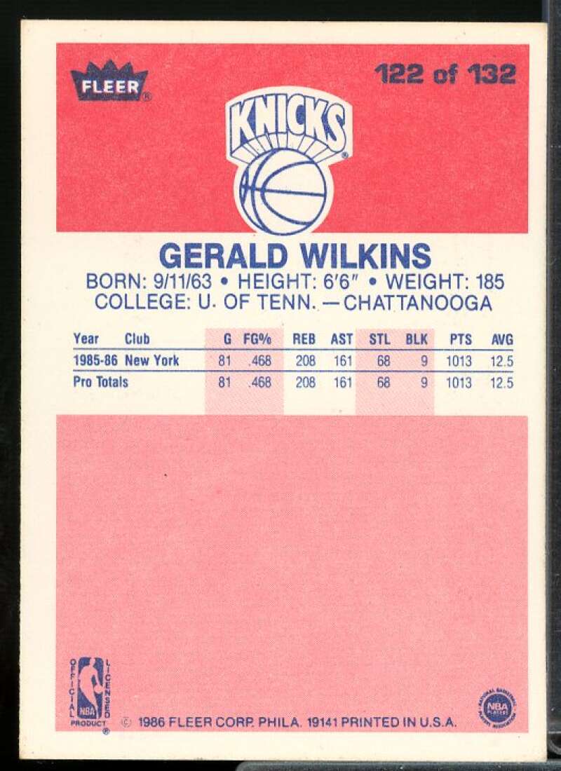 Gerald Wilkins Rookie Card 1986-87 Fleer #122  Image 2