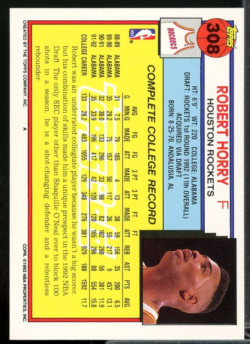 Robert Horry Rookie Card 1992-93 Topps Gold #308  Image 2