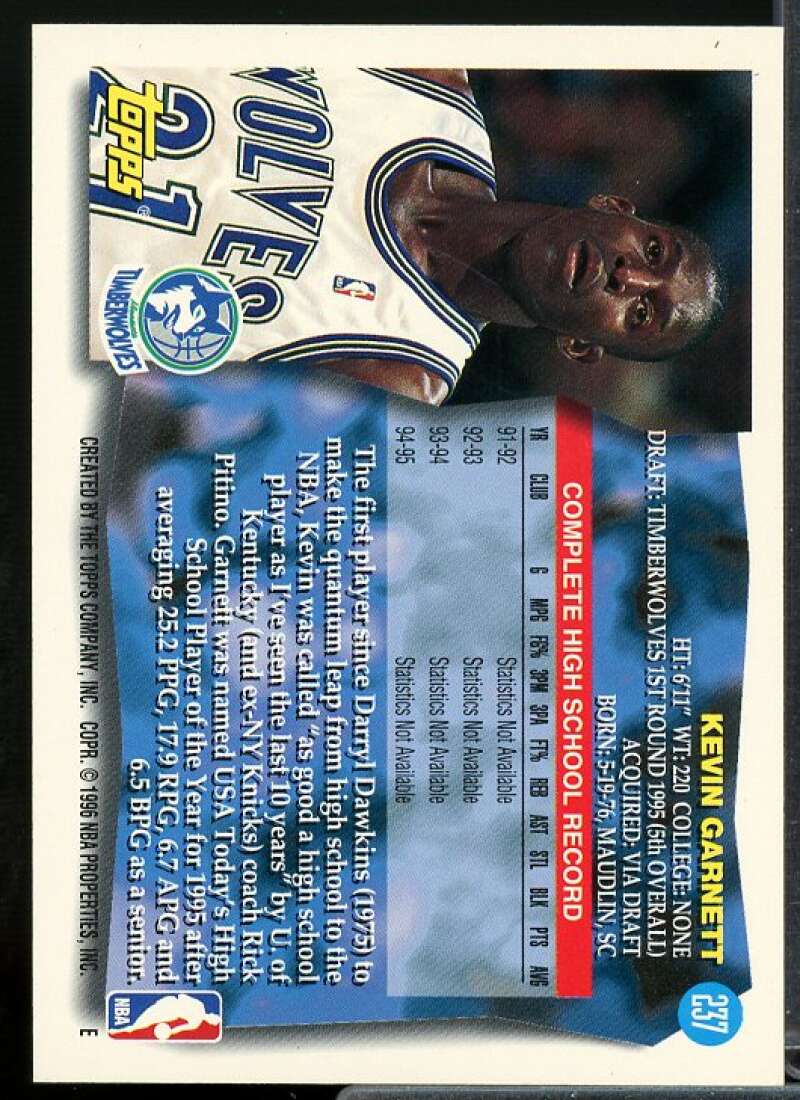 Kevin Garnett Rookie Card 1995-96 Topps #237  Image 2