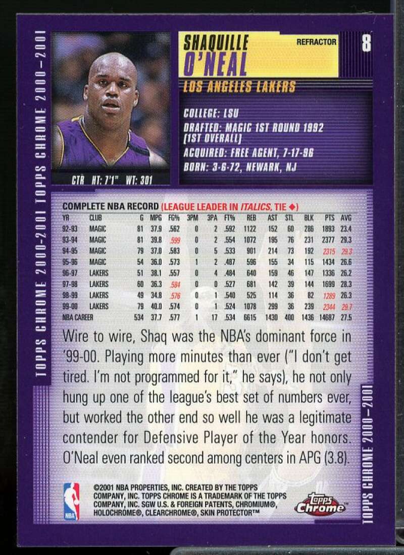 Shaquille O'Neal Card 2000-01 Topps Chrome Refractors #8  Image 2