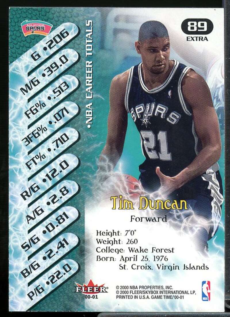 Tim Duncan Card 2000-01 Fleer Game Time Extra #89  Image 2