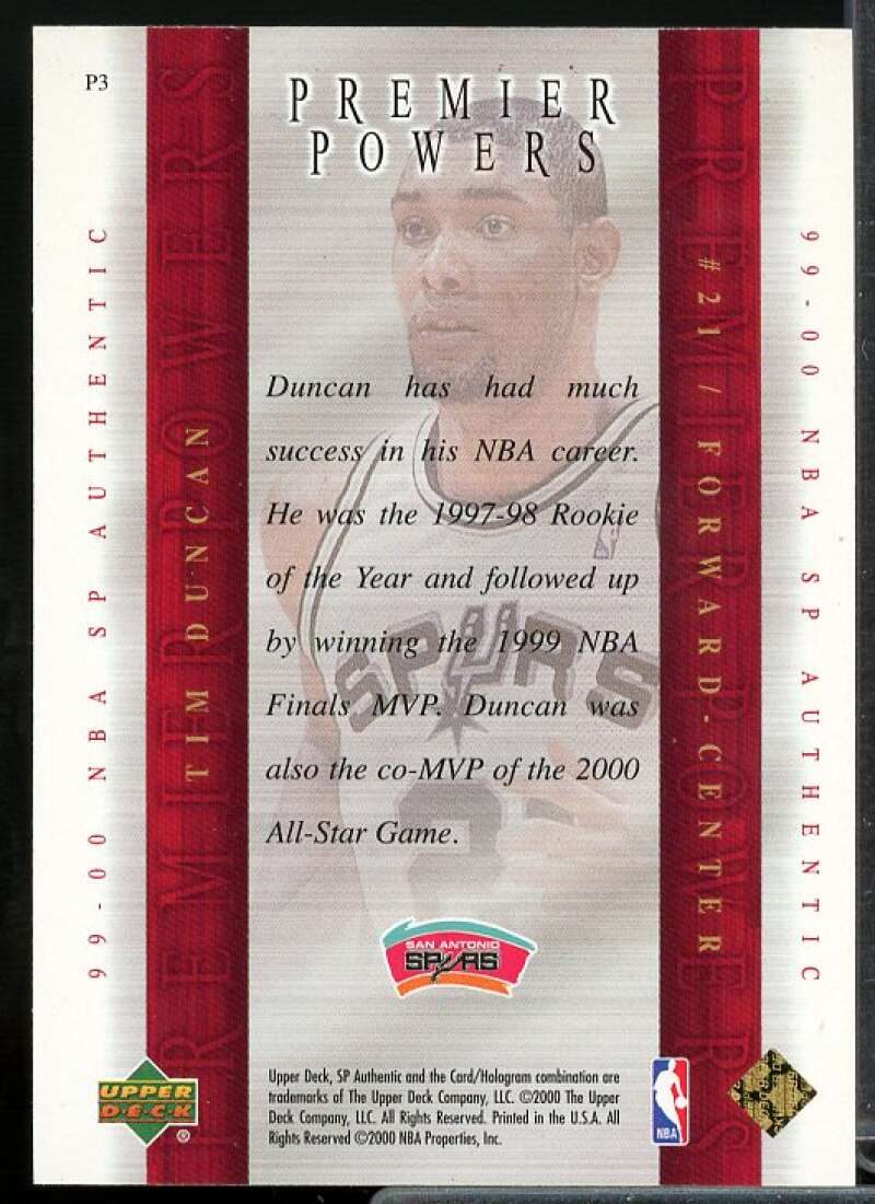 Tim Duncan Card 1999-00 SP Authentic Premier Powers #P3  Image 2