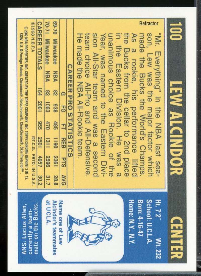 Lew Alcindor 2001-02 Topps Chrome Kareem Abdul-Jabbar Reprints Refractors #3  Image 2