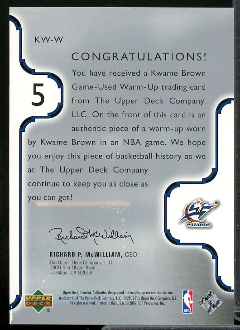 Kwame Brown Card 2002-03 Upper Deck Ovation Authentics Warm-Ups #KWW  Image 2
