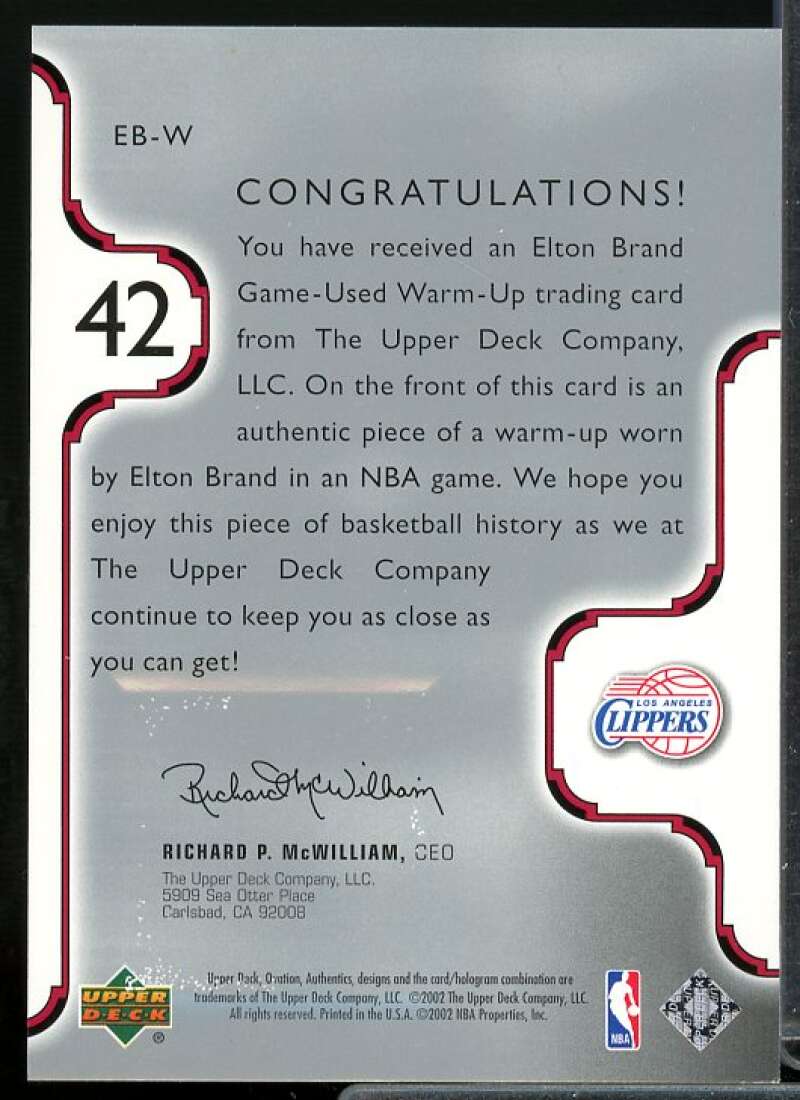 Elton Brand Card 2002-03 Upper Deck Ovation Authentics Warm-Ups #EBW  Image 2