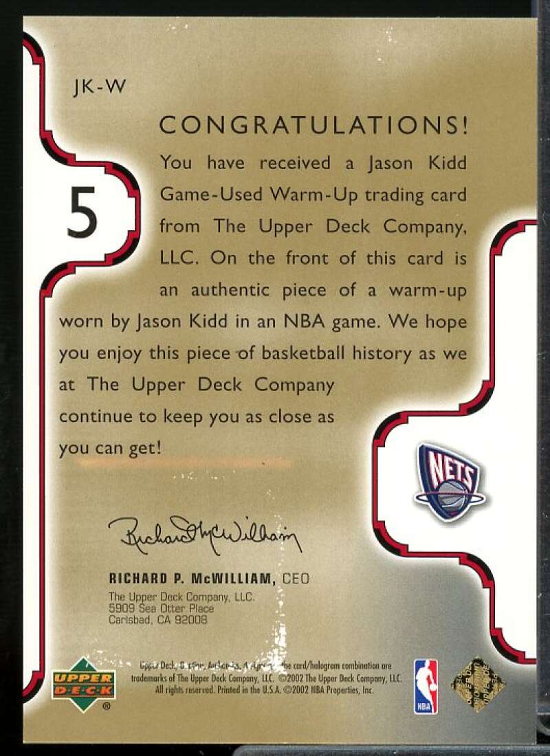 Jason Kidd Card 2002-03 Upper Deck Ovation Authentics Warm-Ups #JKW  Image 2