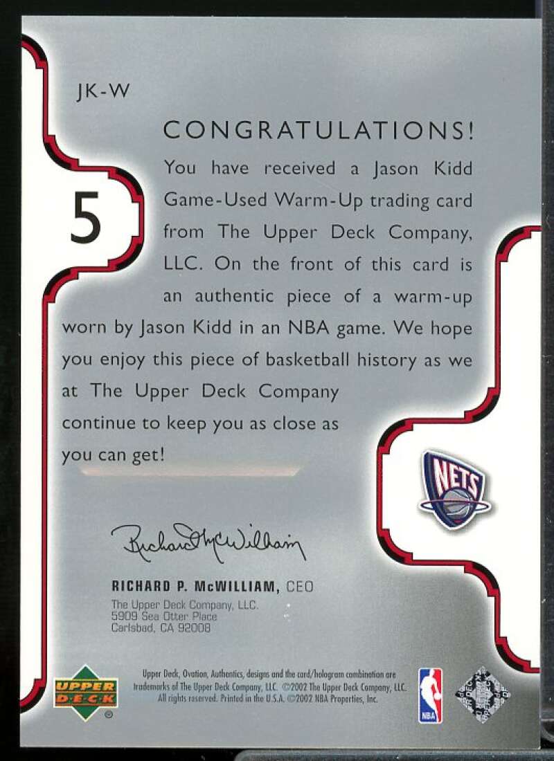 Jason Kidd Card 2002-03 Upper Deck Ovation Authentics Warm-Ups #JKW  Image 2