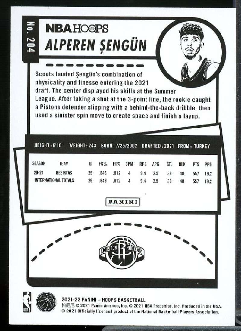 Alperen Sengun Rookie Card 2021-22 Hoops #204  Image 2