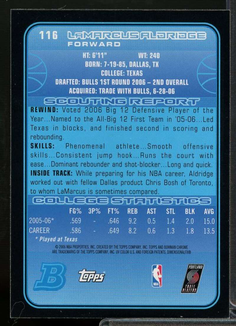 LaMarcus Aldridge Rookie Card 2006-07 Bowman Chrome #116  Image 2