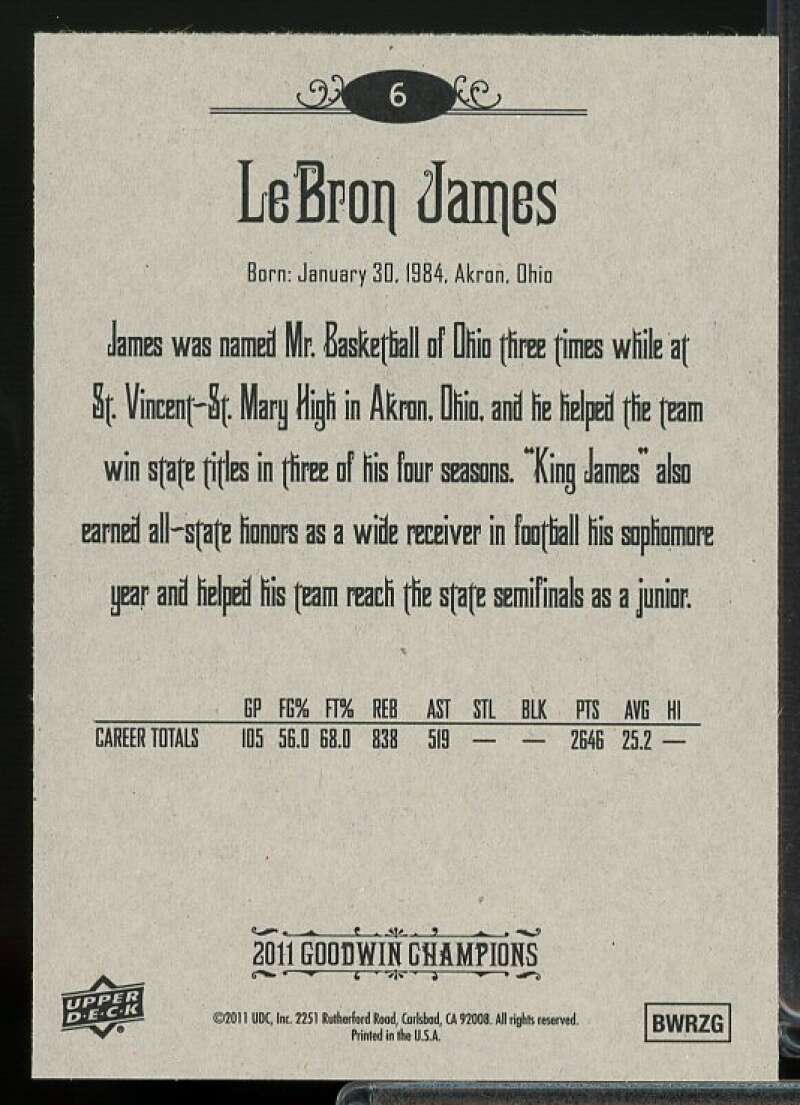 LeBron James Card 2011 Upper Deck Goodwin Champions #6  Image 2