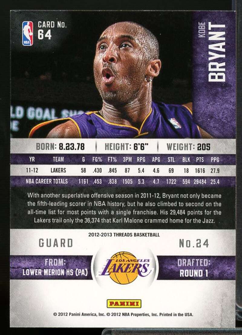 Kobe Bryant Card 2012-13 Panini Threads #64  Image 2