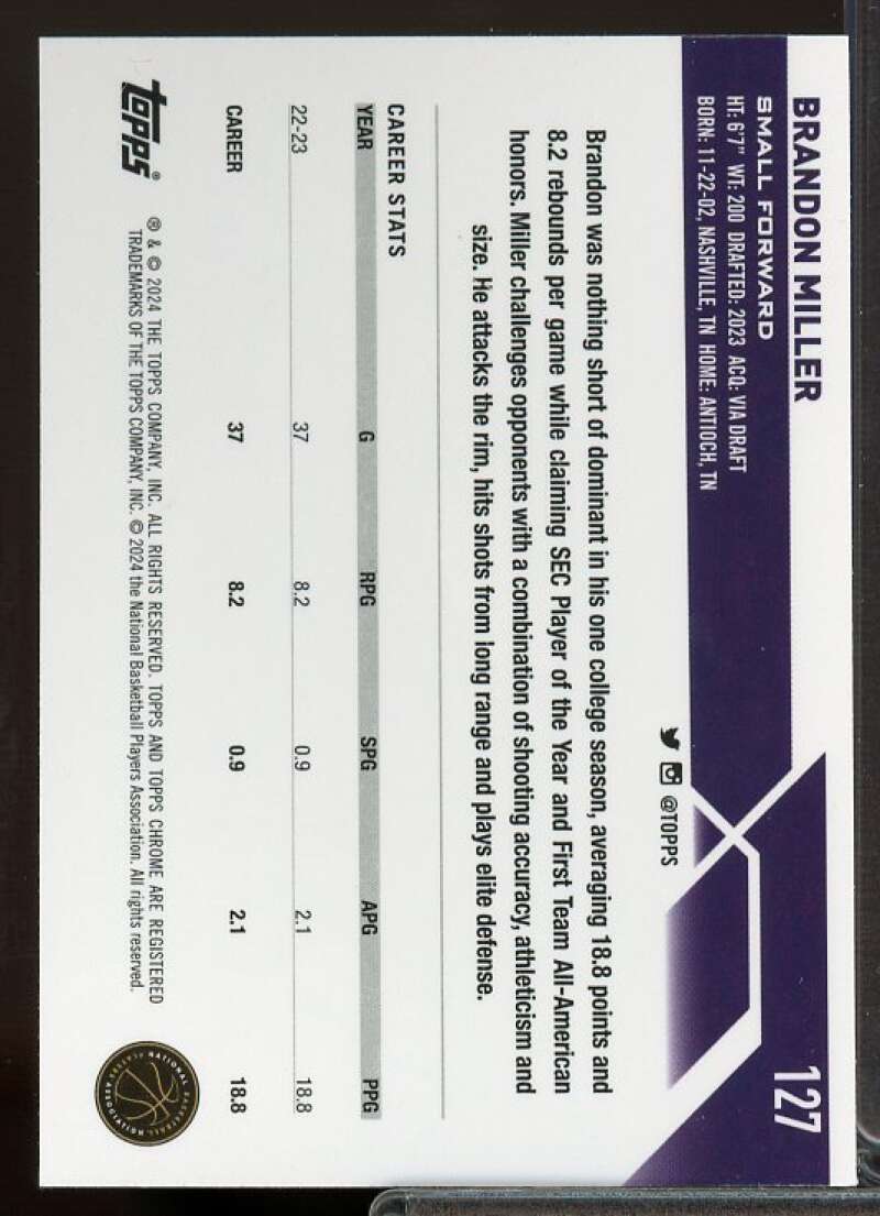 Brandon Miller Rookie Card 2023-24 Topps Chrome #127  Image 2