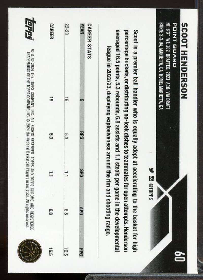 Scoot Henderson Rookie Card 2023-24 Topps Chrome Green Topps Refractors #60  Image 2