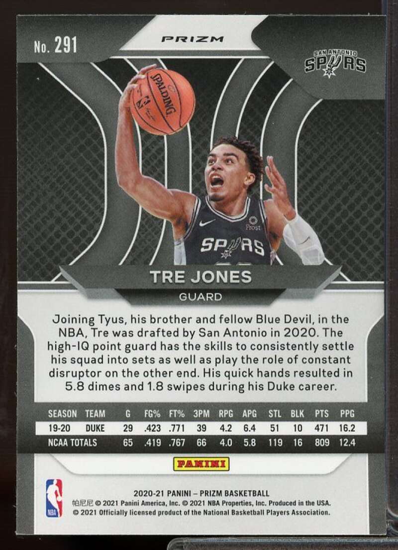 Tre Jones Rookie Card 2020-21 Panini Prizm Prizms Silver #291  Image 2