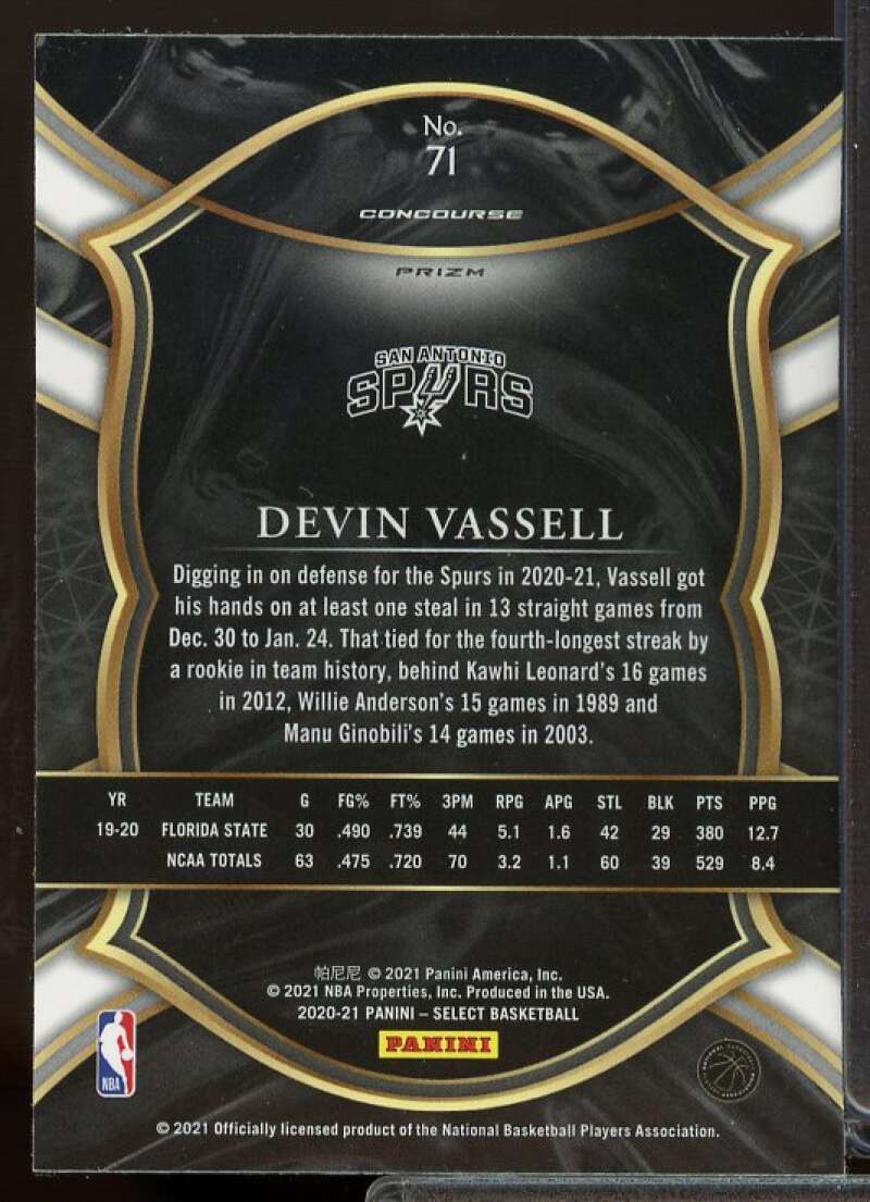 Devin Vassell Rookie Card 2020-21 Select Prizms Green White Purple #71  Image 2