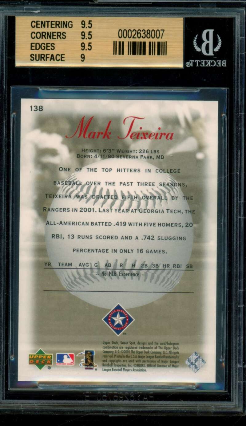 Mark Teixeira Rookie Card 2001 Upper Deck Sweet Spot #138 BGS 9.5 Image 2