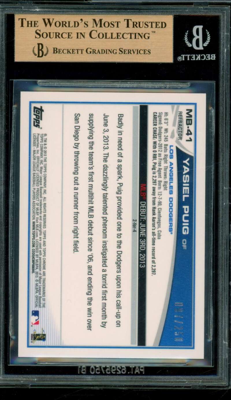Yasiel Puig Rookie Card 2013 Topps Chrome Update Gold Refractors #MB41 BGS 9.5 Image 2