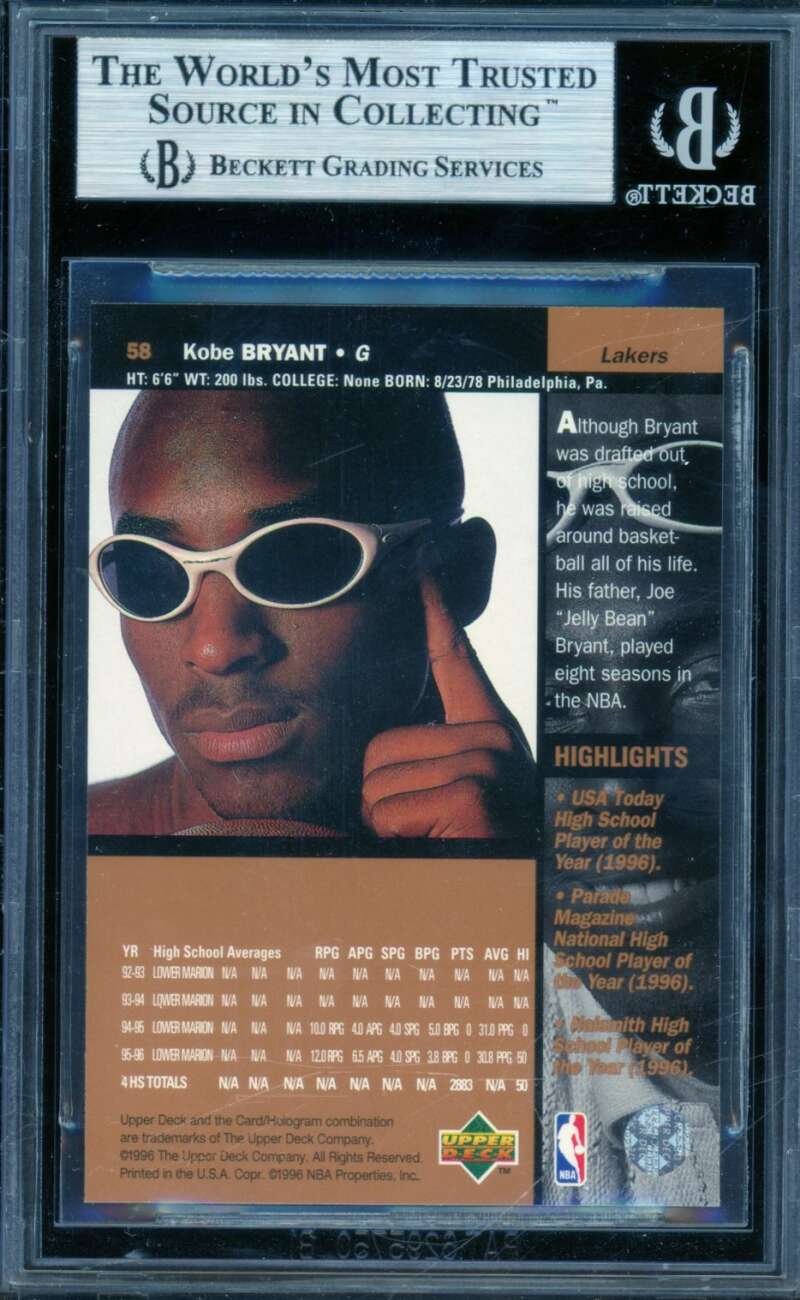 Kobe Bryant Rookie Card 1996-97 Upper Deck #58 BGS 9 Image 2