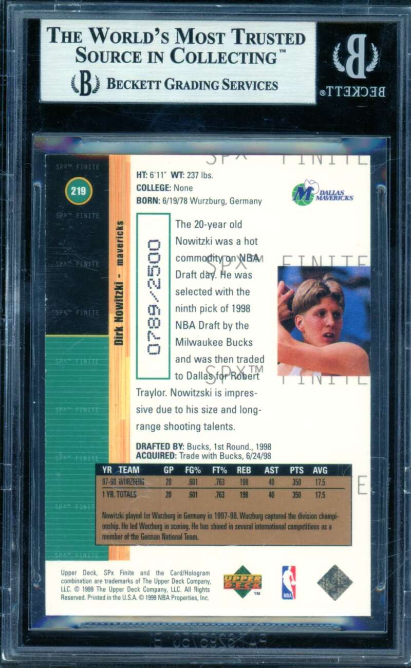Dirk Nowitzki Rookie Card 1998-99 SPX Finite #219 BGS 9 Image 2