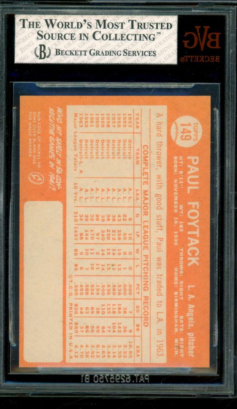 Paul Foytack Card 1964 Topps #149 BGS BVG 8 Image 2